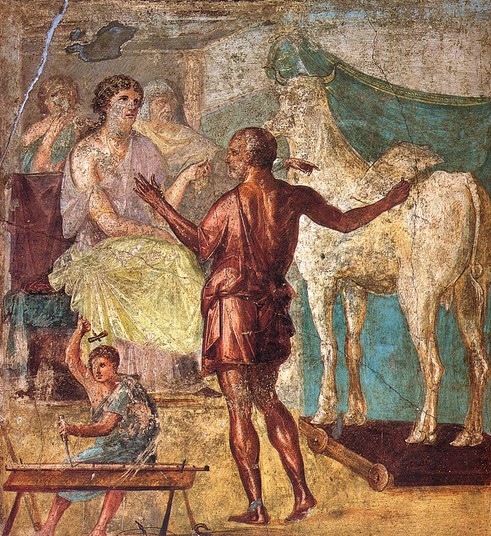 Pasifae e la vacca di legno, affresco dal triclinio della Casa dei Vettii – Pompei IT