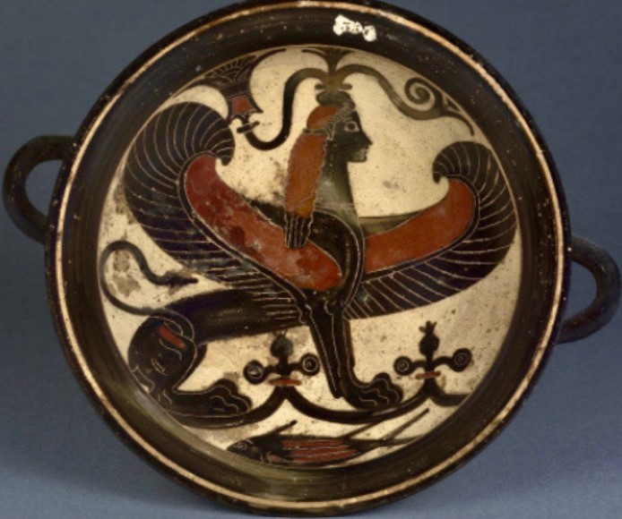 Sfinge. Kylix a figura nera laconica attribuito al pittore Naucratis, VI sec. a.C – Museo del Louvre, Parigi FR